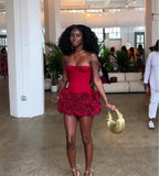 Women Sexy Red 3D Flowers Dress Sets Y2K Fishbone Bandage Adjustable Tube Top Flower Mini Skirt Suit High Street Women Outfits
