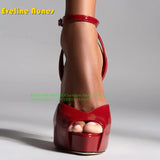 Peep Toe Platform Buckle Strap Red Sandals Pointed Toe Thin Heel Slingback Sexy Women Runway Show Shoes Spicy Girl Party Trend
