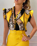 Womens Elegant Slim Two-Piece Sets Summer Fashion Print V Neck Button Flying Sleeve Shirt Top & Solid Long Pants Suits With Belt