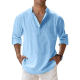 New Men Casual Shirts Lightweight Long Sleeve Henley Cotton Shirts for Beach Linen Shirts Hawaiian Breathable Collar Tops