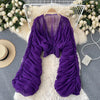 Women Blouse Sexy Deep V Neck Tops Full Puff Sleeve Tight Waist Top Shirts Slim Fit Blouses Elegant Splice Pleated Shirt