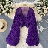 Women Blouse Sexy Deep V Neck Tops Full Puff Sleeve Tight Waist Top Shirts Slim Fit Blouses Elegant Splice Pleated Shirt