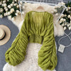 Women Blouse Sexy Deep V Neck Tops Full Puff Sleeve Tight Waist Top Shirts Slim Fit Blouses Elegant Splice Pleated Shirt
