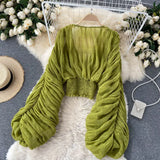 Women Blouse Sexy Deep V Neck Tops Full Puff Sleeve Tight Waist Top Shirts Slim Fit Blouses Elegant Splice Pleated Shirt