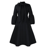 Elegant Dresses for Women Bow Collar Full Sleeve High Waisted Pleated Mid Calf Luxury Birthday Party Dinner Vestidos Mujer Dress