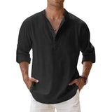 New Men Casual Shirts Lightweight Long Sleeve Henley Cotton Shirts for Beach Linen Shirts Hawaiian Breathable Collar Tops