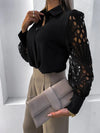 Women's Blouse White blank Elegant V-neck Lace Sleeve Cut-out Patchwork Office Commuter Black Shirt  For Female  S-XXL