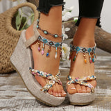 Bohemian Tassel Wedge Heel Sandals for Women Summer 2025 Printed Braided Gladiator Sandals Woman Chunky Platform Sandalias Mujer