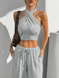 Women's Clothing Summer Casual Solid Color 2 Piece Set New Backless Cross-chest Wrapping Sexy Tank Top & Wide-leg Trousers Pants