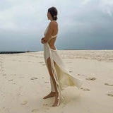 Green Knit Hollow Out Beach Long Dress Women Sexy Halter Backless Sleeveless Split Party Dresses 2025 Summer Lady Holiday Robe