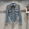 Chic Rhinestoness Tassels Beaded Denim Coat Bareback Diamonds Fringed Jeans Jacket Crystal Cardigan Streetwear Jaquetas