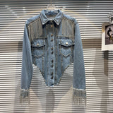 Chic Rhinestoness Tassels Beaded Denim Coat Bareback Diamonds Fringed Jeans Jacket Crystal Cardigan Streetwear Jaquetas