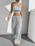 Women's Clothing Summer Casual Solid Color 2 Piece Set New Backless Cross-chest Wrapping Sexy Tank Top & Wide-leg Trousers Pants