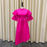 Elegant Party Dresses for Woman 2024 New O Neck Ruffles Sleeve High Waisted Asymmetric Mid Calf Luxury Birthday Dinner Vestidos