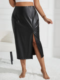 Plus size PU leather half skirt high waist straight tube mid-long slit skirt PU washable fabric sexy elegant fashion good