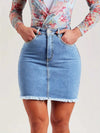 Women Slim-Fit Denim Mid Skirt with Raw Hem Button Zipper Pockets Stretchy Jeans Skirt Casual Light Blue Summer Fashion Skirt