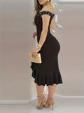 Womens Dresses New Summer Fashion Beaded Off Shoulder Ruffles Slit Hem Elegant Plain Short Sleeve Skinny Midi Party Dress