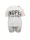 Plus Size Outfits Two Piece Set, Women's Plus Letter Print Contrast Panel Short Sleeve Tee & Shorts Outfits 2 Piece Set