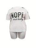 Plus Size Outfits Two Piece Set, Women's Plus Letter Print Contrast Panel Short Sleeve Tee & Shorts Outfits 2 Piece Set