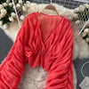 Women Blouse Sexy Deep V Neck Tops Full Puff Sleeve Tight Waist Top Shirts Slim Fit Blouses Elegant Splice Pleated Shirt