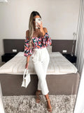Elegant Floral Blouses For Women Sexy Backless Off Shoulder Crop Top Youth White Blouse Fashion Summer Women Clothing 2024