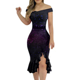 Women'S Party Dress Sexy Off Shoulder Split Ruffle Solid Bodycon Knee-Length Dress Fashion Glitter Party Elegant Dresses Vestido
