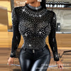 Rheinstone Diamonds Women Blouse Top T Shirt Long Sleeve Summer Fashion Slim