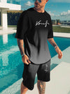 Men's summer sports and casual suit, made of breathable outdoor 100% polyester knitted fabric. It includes a round-neck T-shirt