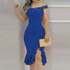 Womens Dresses New Summer Fashion Beaded Off Shoulder Ruffles Slit Hem Elegant Plain Short Sleeve Skinny Midi Party Dress