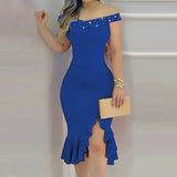 Womens Dresses New Summer Fashion Beaded Off Shoulder Ruffles Slit Hem Elegant Plain Short Sleeve Skinny Midi Party Dress