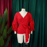 Fashion Blouse for Women 2024 Slash Neck Full Sleeve Sashes Solid Elegant African Ladies Luxury Designer Fashion Shirts Tops