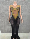 Shinning Golden Crystal Women Sleeveless Sexy Mesh See Through Bodycon Long Dress Celebrate Nightclub Party Birthday Dress