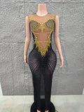 Shinning Golden Crystal Women Sleeveless Sexy Mesh See Through Bodycon Long Dress Celebrate Nightclub Party Birthday Dress