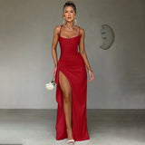Women's Party Long Dresses Party Sexy Slim Fit Slit Satin Suspender Evening Dress Maxi Dress Sexy Female  Robe Vestidos