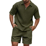 Men's Short Sleeved Sports Set, Casual Fashion, Comfortable, Monochromatic, Collar, 2-Piece Set, Summer, New, 2024