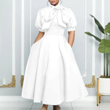 Elegant Party Dresses for Woman 2024 Luxury Bow Collar Short Sleeve High Waisted A Line Pleated Ankle Length Birthday Party Robe