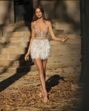 Women Party Dresses Elegant Short Feather Dress Ladies Sexy Backless V-neck Bandage Bodycon Dress Banquet Clothing