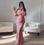 Women's Clothing Temperament Fashionable Lapel Long Sleeved Slim Fit Long Skirt Three Piece Set Simple Commuting Elegant Set