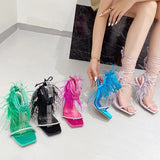 Eilyken New Design Womens Sandals Fashion Fuzzy Feather Summer Transparent High Heels Sexy Nightclub Stripper Shoes Purple Green