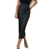 Women Skirt Elegant High-waist Midi Skirt Imitation Leather with Back Slit Design for Parties Wear Women's Slim Fit Solid Color
