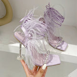 Eilyken New Design Womens Sandals Fashion Fuzzy Feather Summer Transparent High Heels Sexy Nightclub Stripper Shoes Purple Green