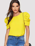 Women Blouse Fashionable Summer Versatile Urban Leisure Bubble Sleeve Round Neck Straight Tube Women's T-shirt Blouses Shirts