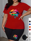 Plus Size Women 2 Piece Shorts Set Short Sleeve T-shirt Elastic Summer Graphic Print Street Oversize Chic Two Piece Outfits