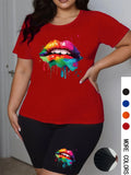 Plus Size Women 2 Piece Shorts Set Short Sleeve T-shirt Elastic Summer Graphic Print Street Oversize Chic Two Piece Outfits