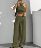 Women's Clothing Summer Casual Solid Color 2 Piece Set New Backless Cross-chest Wrapping Sexy Tank Top & Wide-leg Trousers Pants