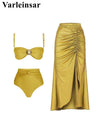 S - XL With Skirt Female Swimsuit High Waist Bikini Women Swimwear Three-pieces Bikini set Padded Bather Bathing Suit Swim V6355