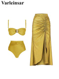 S - XL With Skirt Female Swimsuit High Waist Bikini Women Swimwear Three-pieces Bikini set Padded Bather Bathing Suit Swim V6355