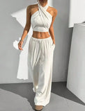Women's Clothing Summer Casual Solid Color 2 Piece Set New Backless Cross-chest Wrapping Sexy Tank Top & Wide-leg Trousers Pants
