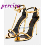 Metal Decor Heeld Sandals Pointed Toe Gold Heels Chain Ankle Buckle Strap Women luxury Designer Shoes Summer Handmade Tacones