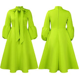 Elegant Dresses for Women Bow Collar Full Sleeve High Waisted Pleated Mid Calf Luxury Birthday Party Dinner Vestidos Mujer Dress